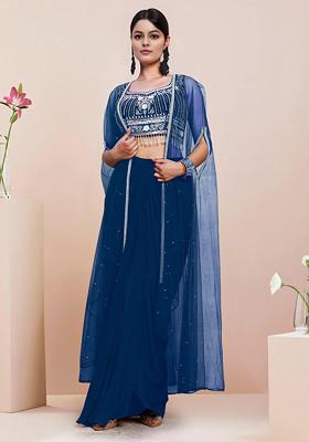 Blue Jacket Set With Hand Embroidered Blouse And Skirt