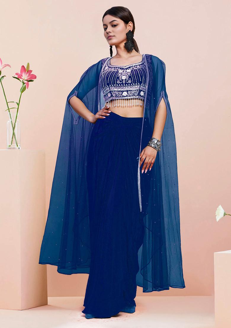 Blue Jacket Set With Hand Embroidered Blouse And Skirt