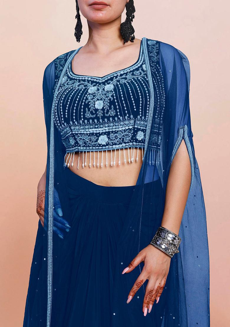 Blue Jacket Set With Hand Embroidered Blouse And Skirt