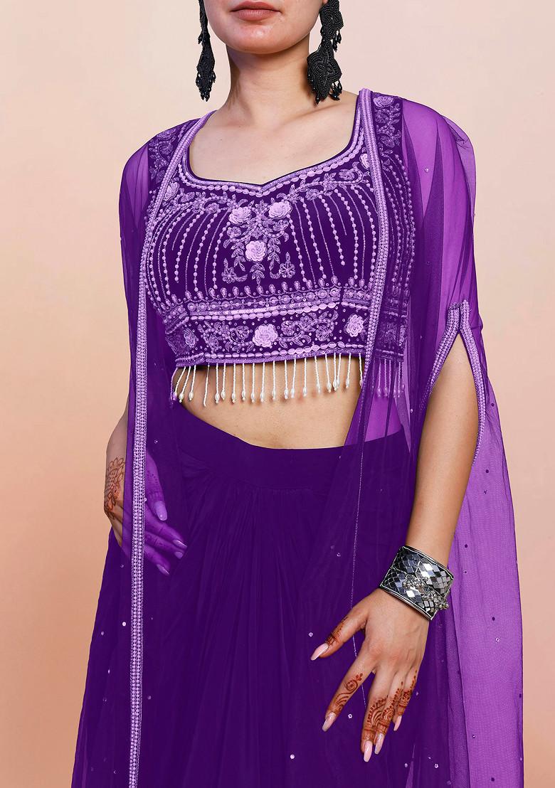 Purple Jacket Set With Hand Embroidered Blouse And Skirt