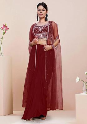 Red Jacket Set With Hand Embroidered Blouse And Skirt