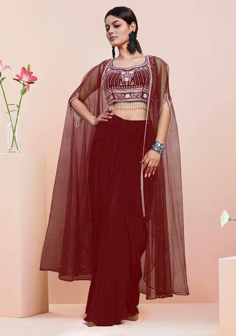 Red Jacket Set With Hand Embroidered Blouse And Skirt