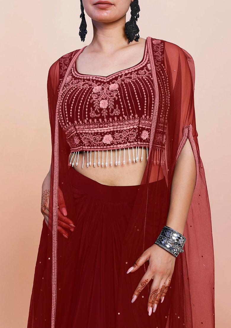 Red Jacket Set With Hand Embroidered Blouse And Skirt