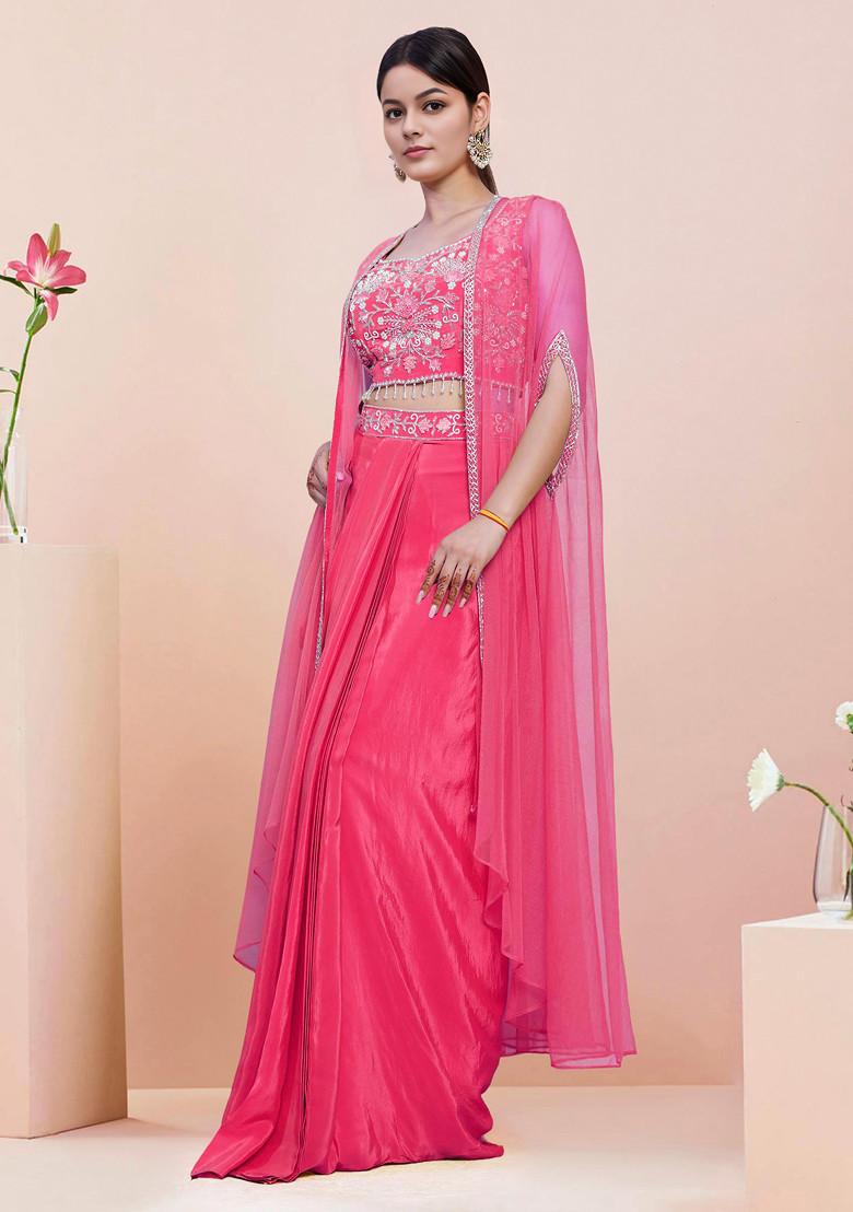 Pink Jacket Set With Hand Embroidered Blouse And Skirt