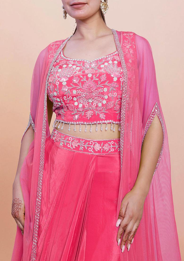 Pink Jacket Set With Hand Embroidered Blouse And Skirt