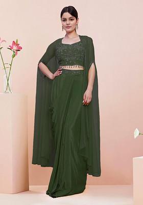 Green Jacket Set With Hand Embroidered Blouse And Skirt