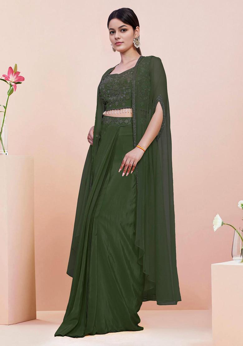 Green Jacket Set With Hand Embroidered Blouse And Skirt