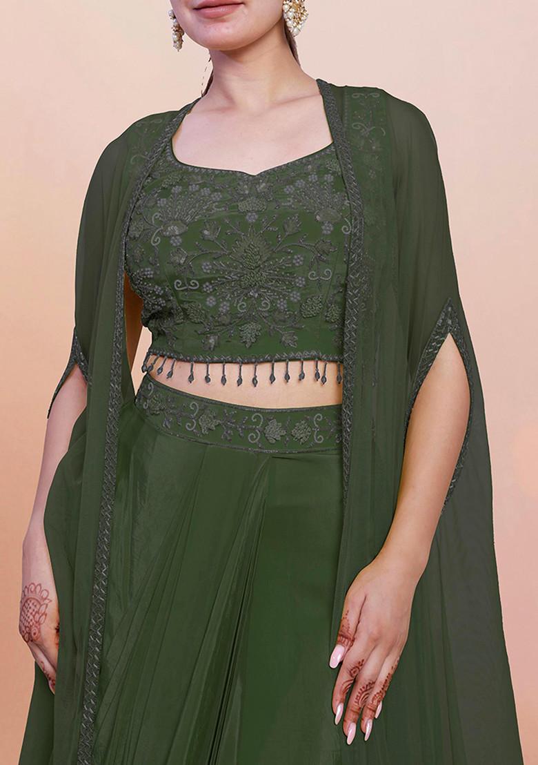 Green Jacket Set With Hand Embroidered Blouse And Skirt