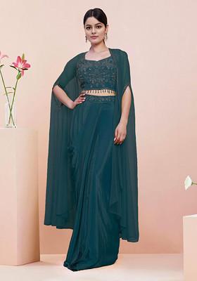 Green Jacket Set With Hand Embroidered Blouse And Skirt