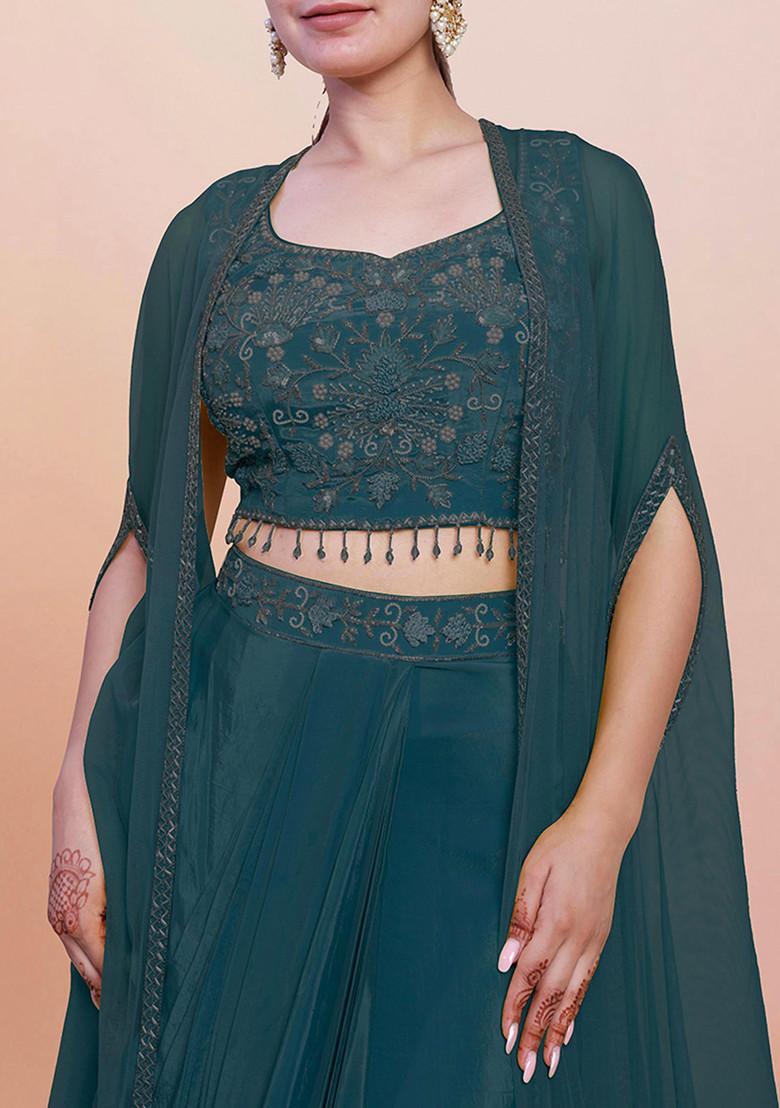 Green Jacket Set With Hand Embroidered Blouse And Skirt