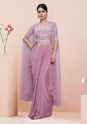 Pink Jacket Set With Hand Embroidered Blouse And Skirt