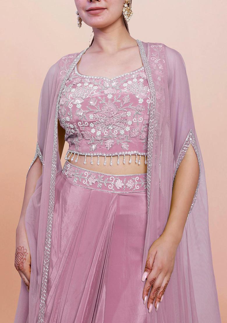 Pink Jacket Set With Hand Embroidered Blouse And Skirt