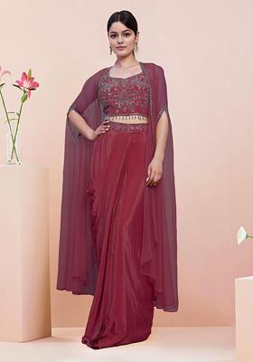 Purple Jacket Set With Hand Embroidered Blouse And Skirt