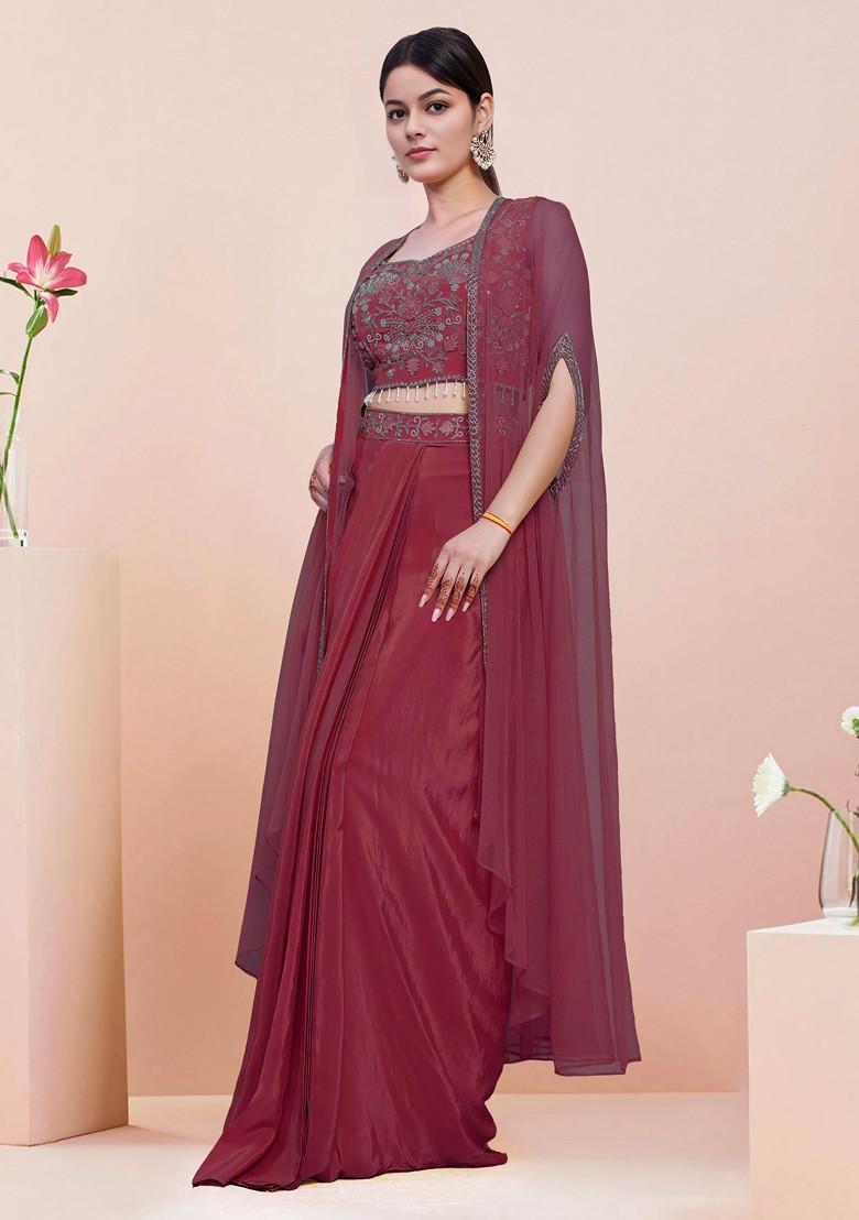 Purple Jacket Set With Hand Embroidered Blouse And Skirt