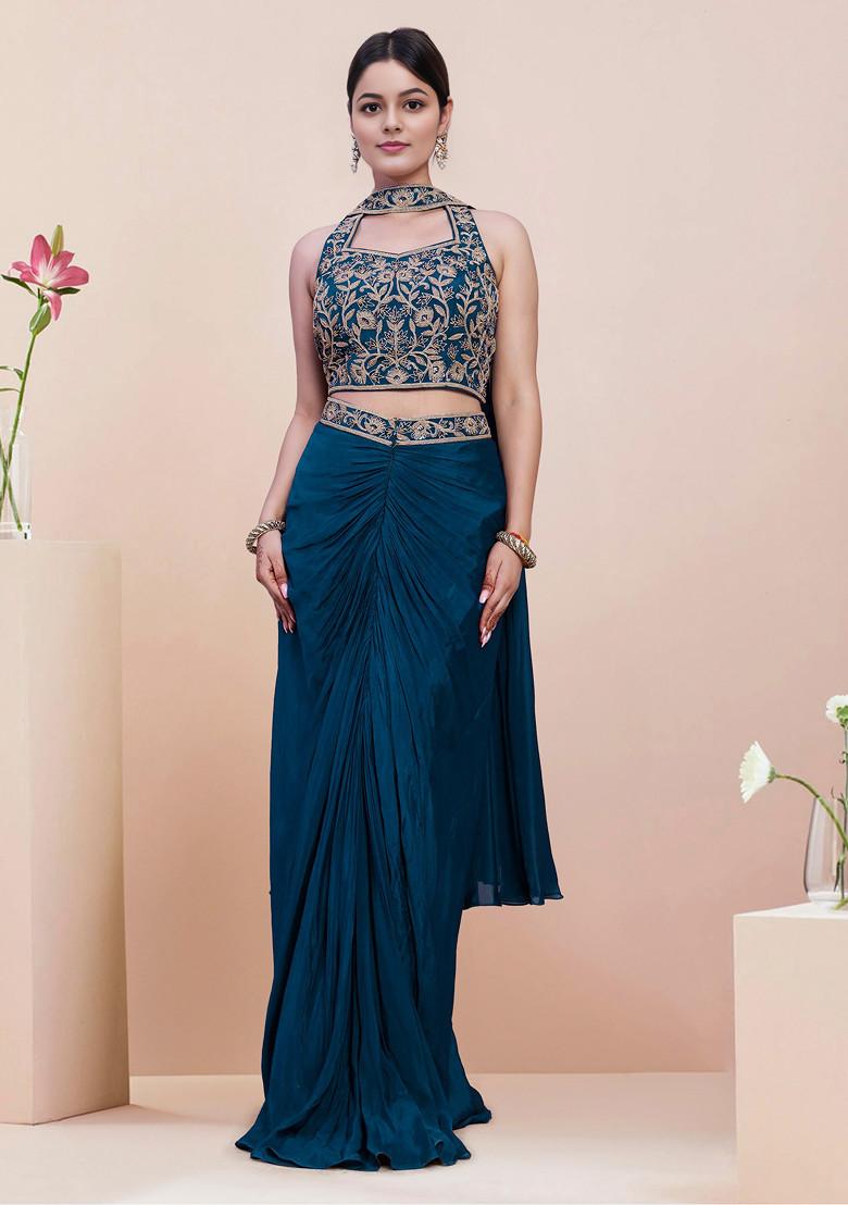 Blue Skirt Set With Hand Embroidered Blouse And Dupatta