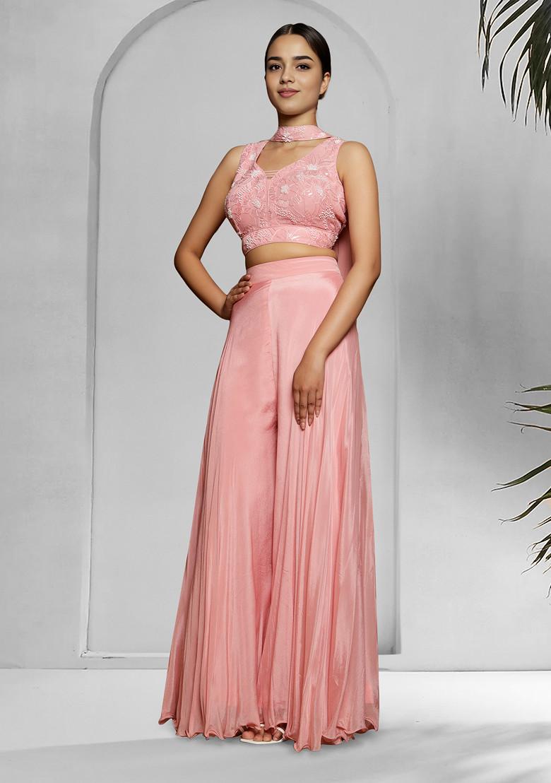 Pink Palazzo Set With Hand Embroidered Blouse And Dupatta