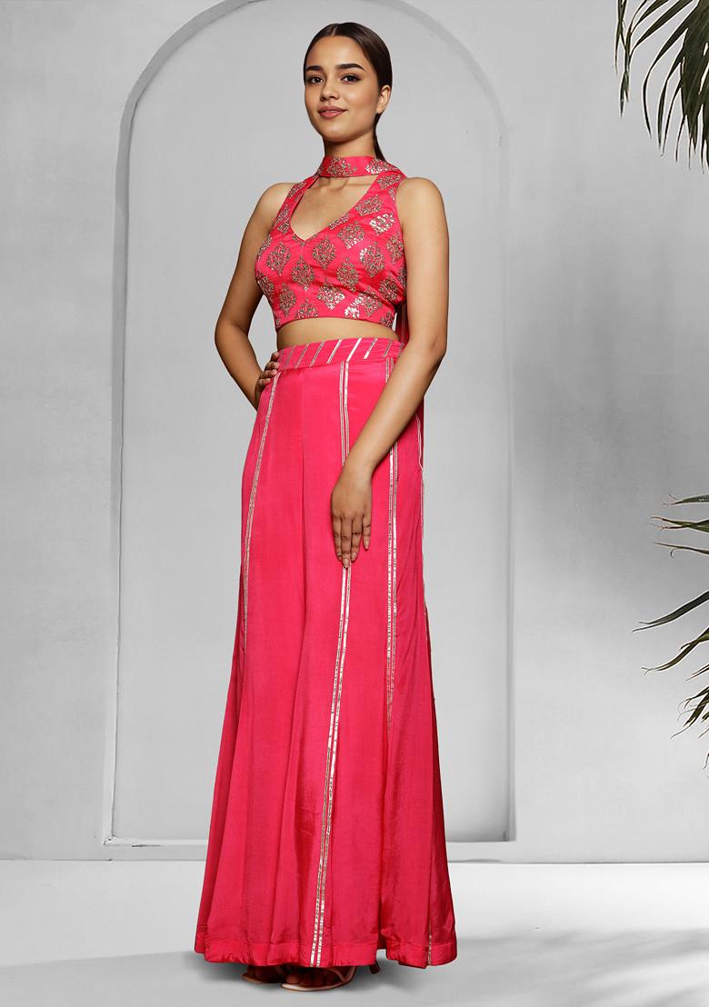 Pink Palazzo Set With Hand Embroidered Blouse And Dupatta
