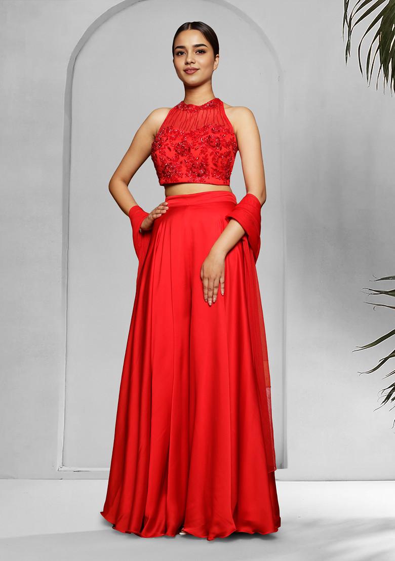 Red Palazzo Set With Hand Embroidered Blouse And Dupatta