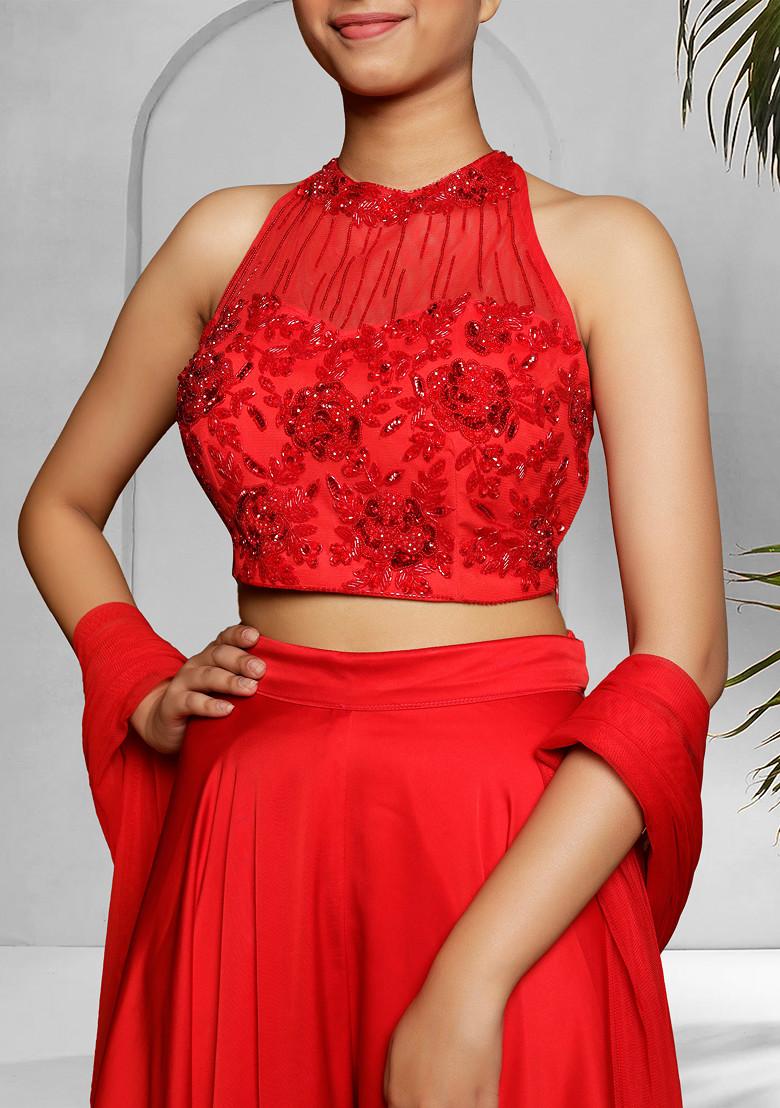 Red Palazzo Set With Hand Embroidered Blouse And Dupatta
