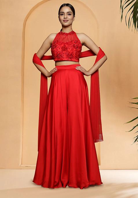 Red Palazzo Set With Hand Embroidered Blouse And Dupatta