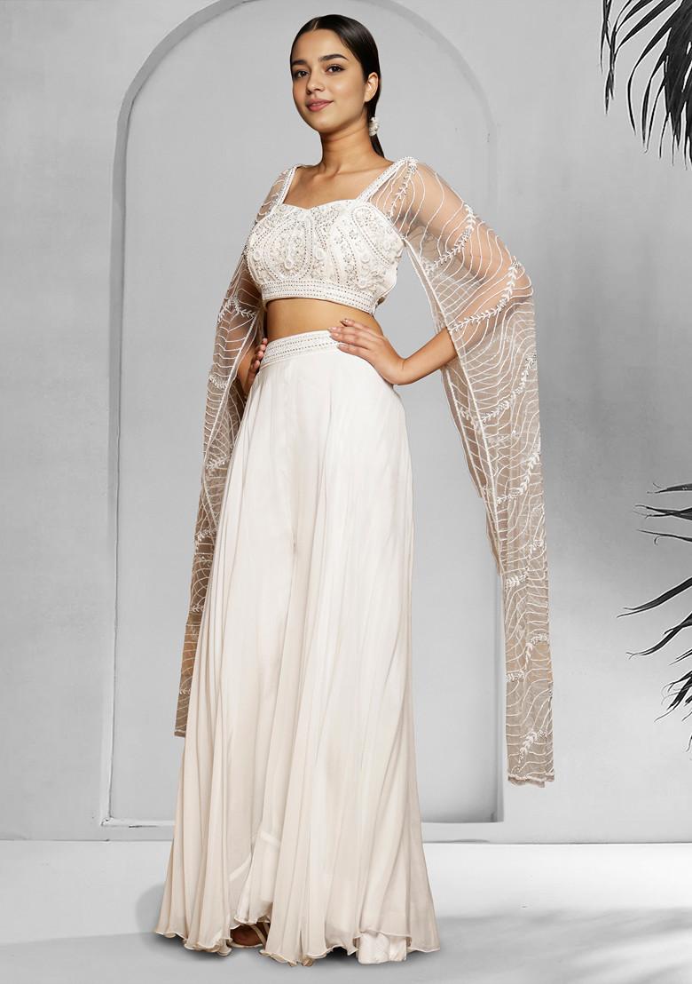 White Palazzo Set With Hand Embroidered Blouse And Dupatta