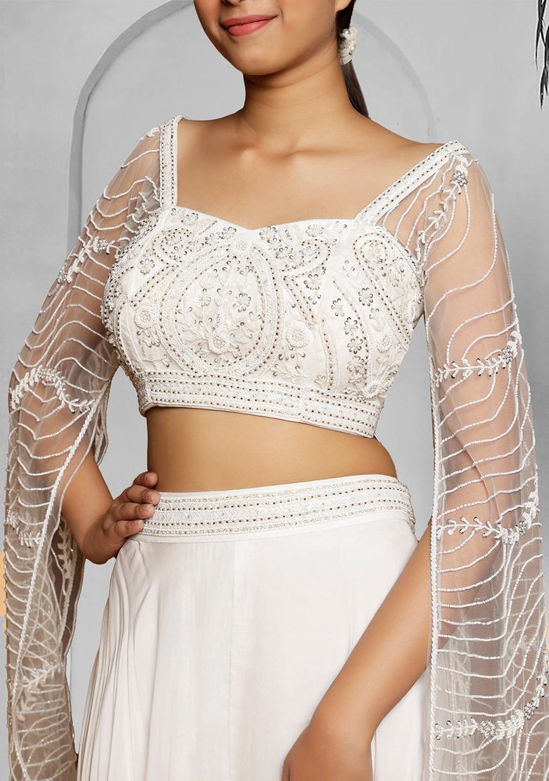White Palazzo Set With Hand Embroidered Blouse And Dupatta