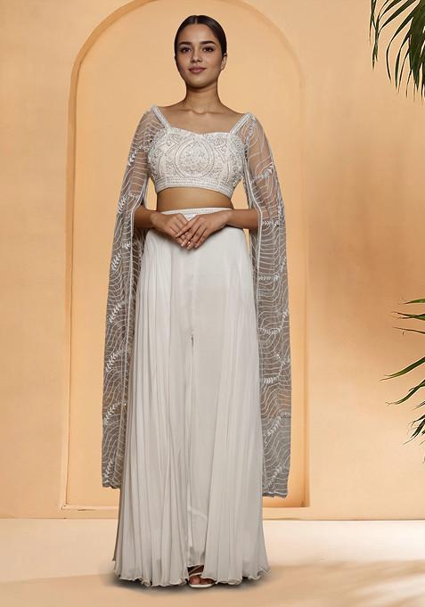 White Palazzo Set With Hand Embroidered Blouse And Dupatta