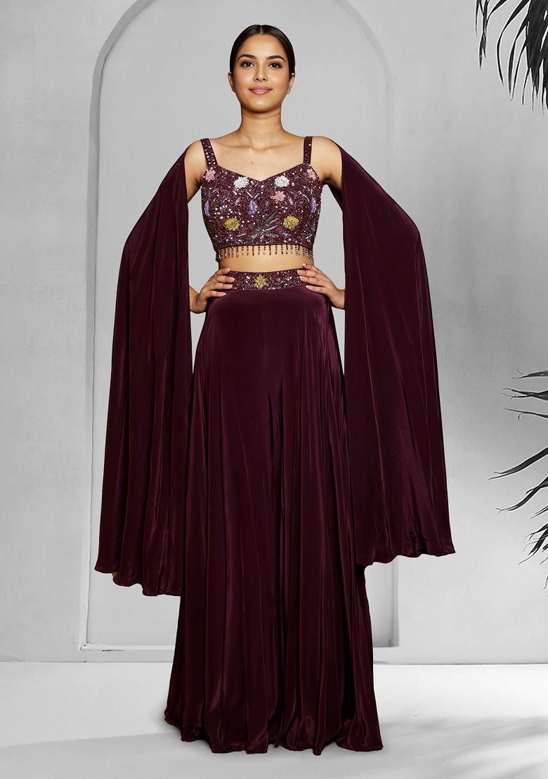 Buy Women Maroon Skirt Set With Hand Embroidered Blouse And