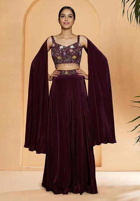 Maroon Skirt Set With Hand Embroidered Blouse And Dupatta