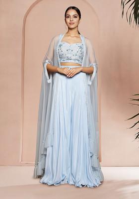 Blue Jacket Set With Hand Embroidered Blouse And Palazzo