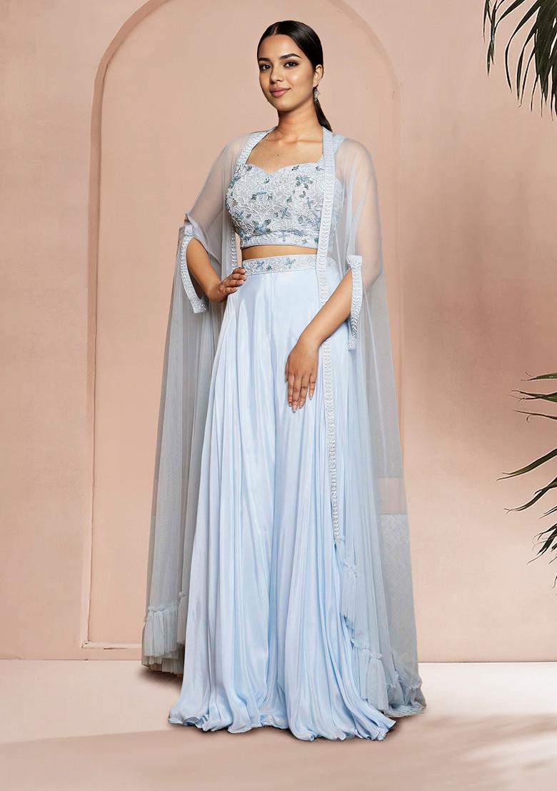 Blue Jacket Set With Hand Embroidered Blouse And Palazzo