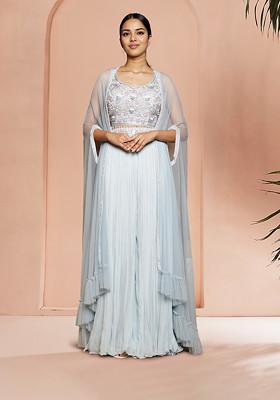 Blue Jacket Set With Hand Embroidered Blouse And Palazzo