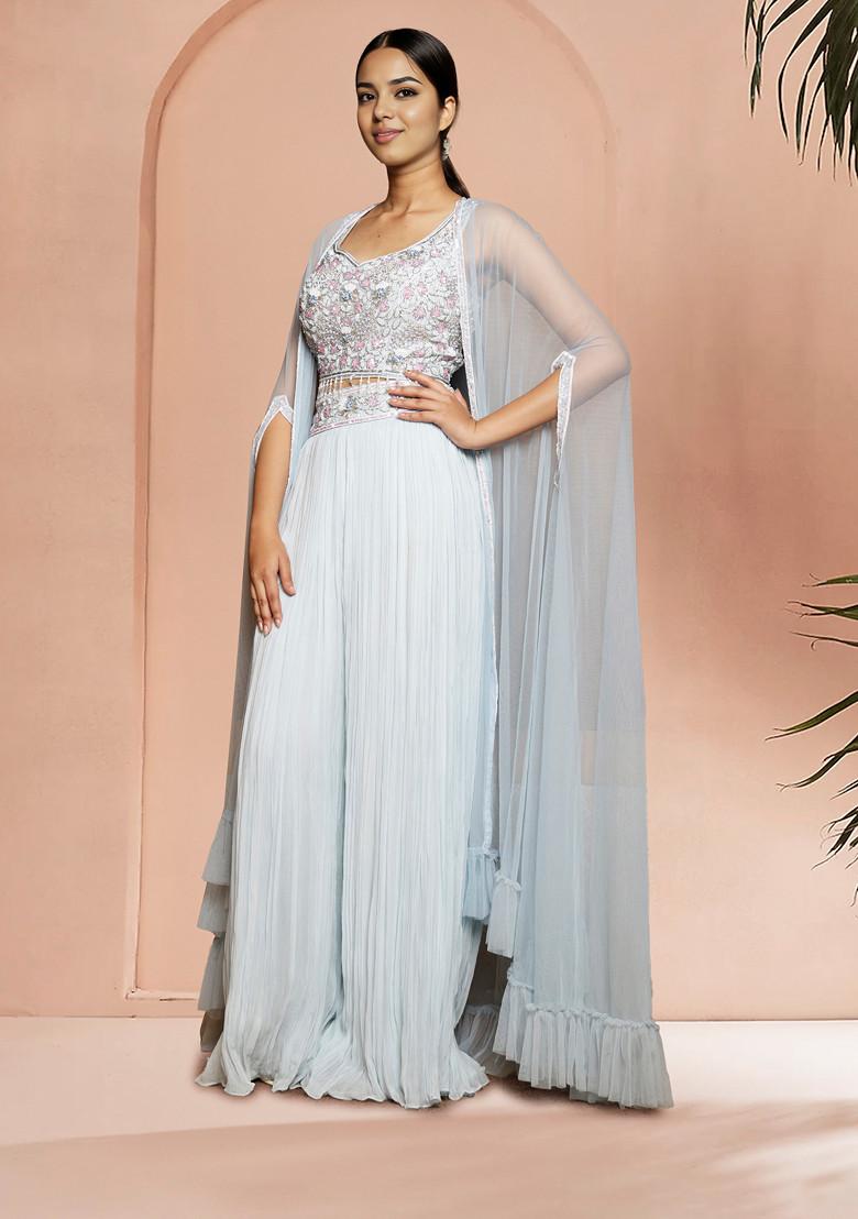 Blue Jacket Set With Hand Embroidered Blouse And Palazzo