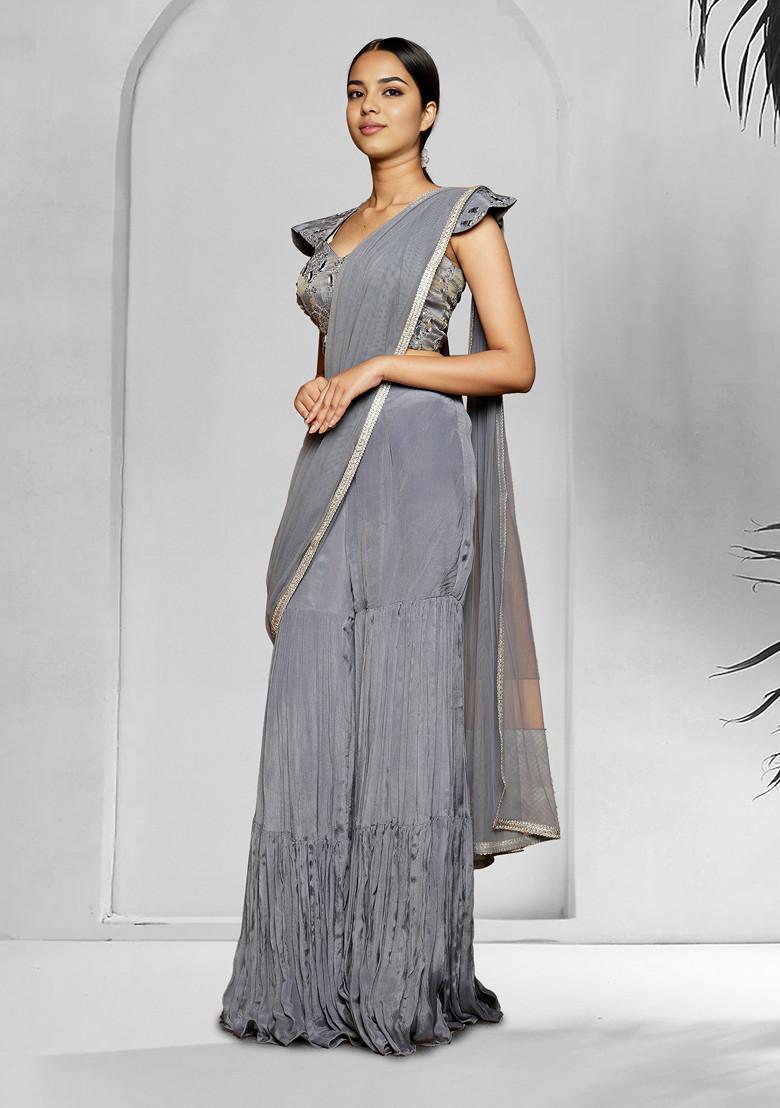 Grey Sharara Set With Hand Embroidered Blouse