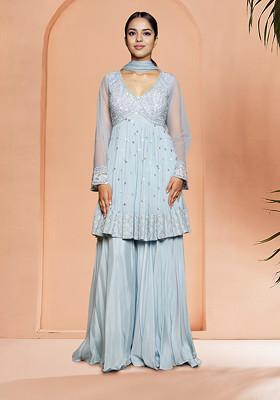 Blue Palazzo Set With Hand Embroidered Blouse And Dupatta