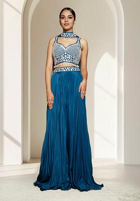 Blue Palazzo Set With Hand Embroidered Blouse And Dupatta