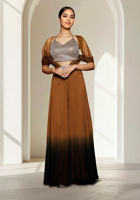 Brown Sharara Set With Hand Embroidered Blouse And Cape