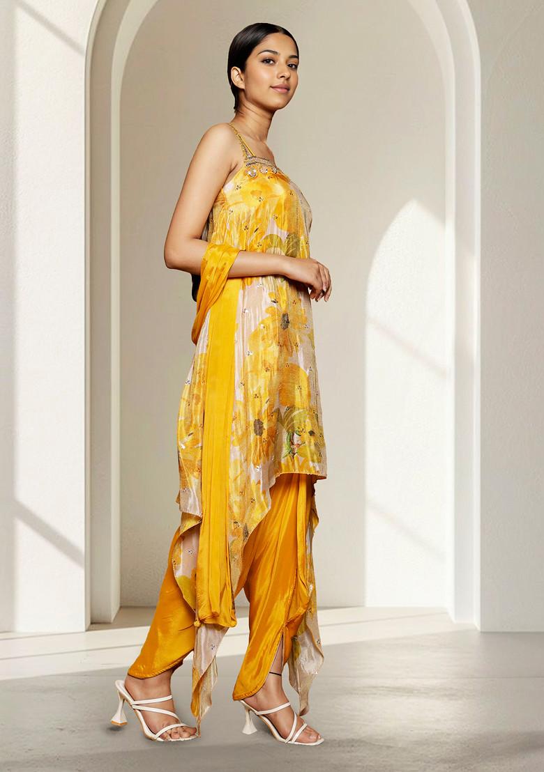 Yellow Hand Embroidered Kurta Set With Pant And Dupatta