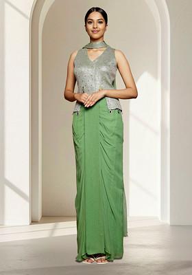Green Skirt Set With Hand Embroidered Blouse And Dupatta