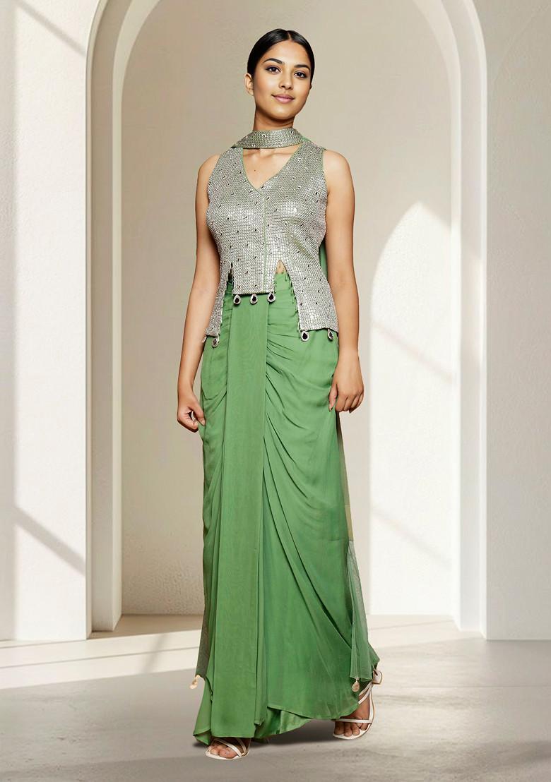 Green Skirt Set With Hand Embroidered Blouse And Dupatta