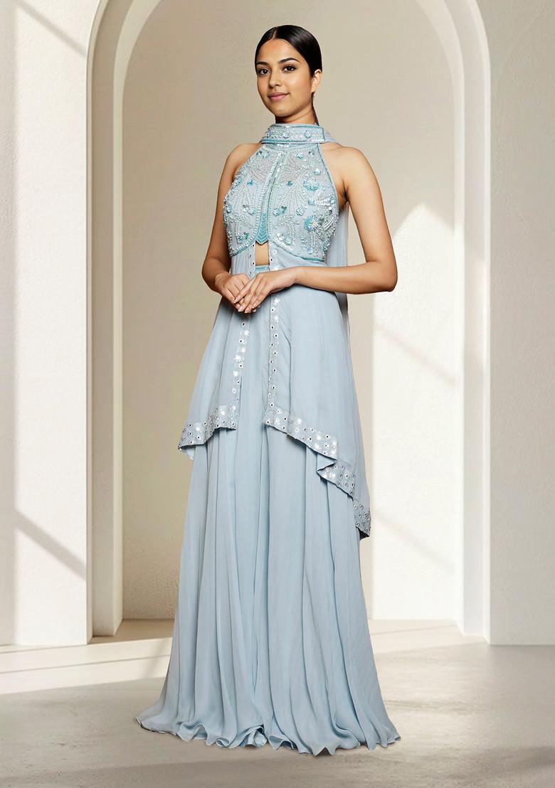 Blue Skirt Set With Hand Embroidered Blouse And Dupatta