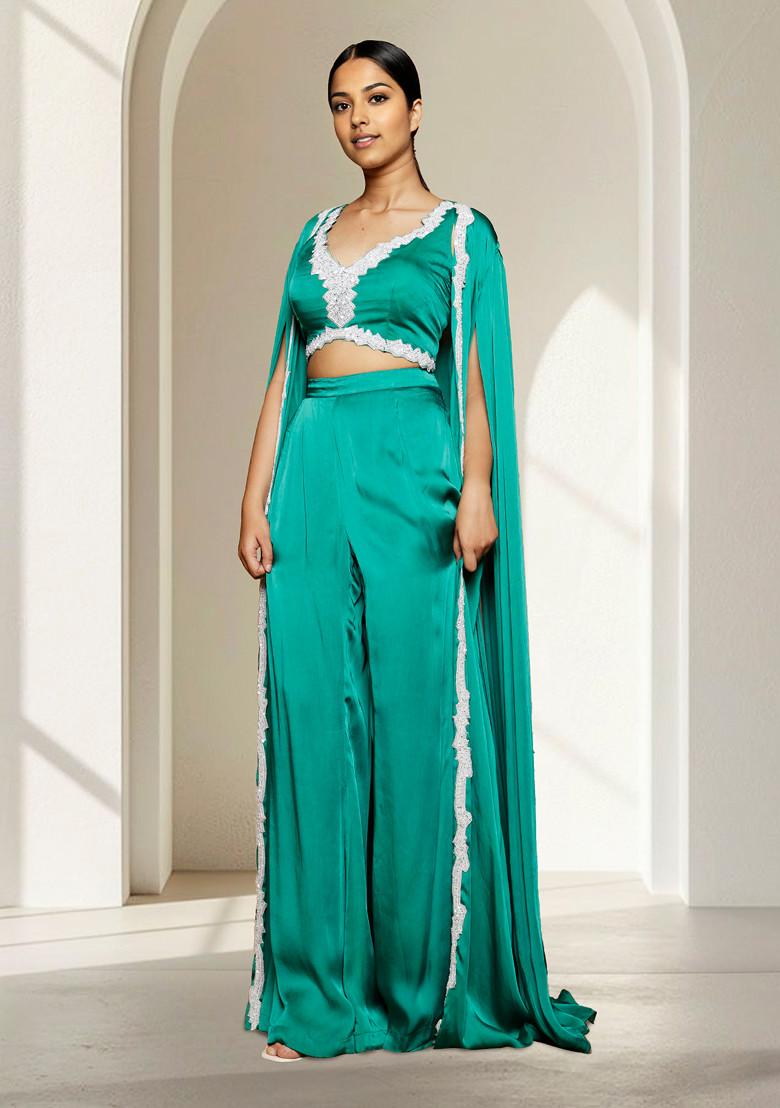 Green Jacket Set With Hand Embroidered Blouse And Palazzo