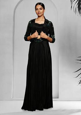 Black Jacket Set With Hand Embroidered Blouse And Skirt