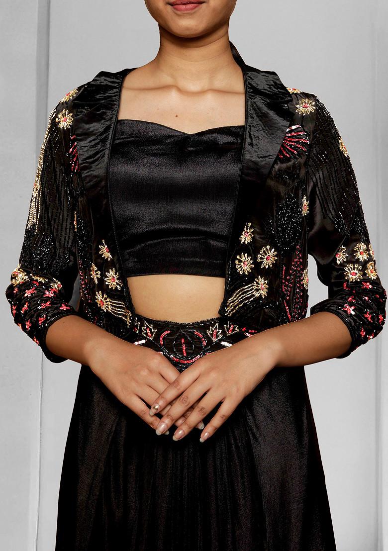 Black Jacket Set With Hand Embroidered Blouse And Skirt