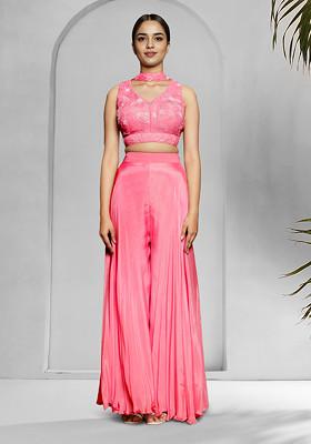 Pink Palazzo Set With Hand Embroidered Blouse And Dupatta