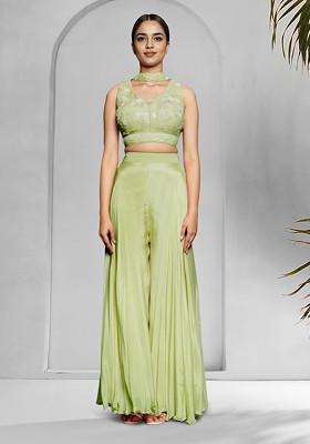 Green Palazzo Set With Hand Embroidered Blouse And Dupatta