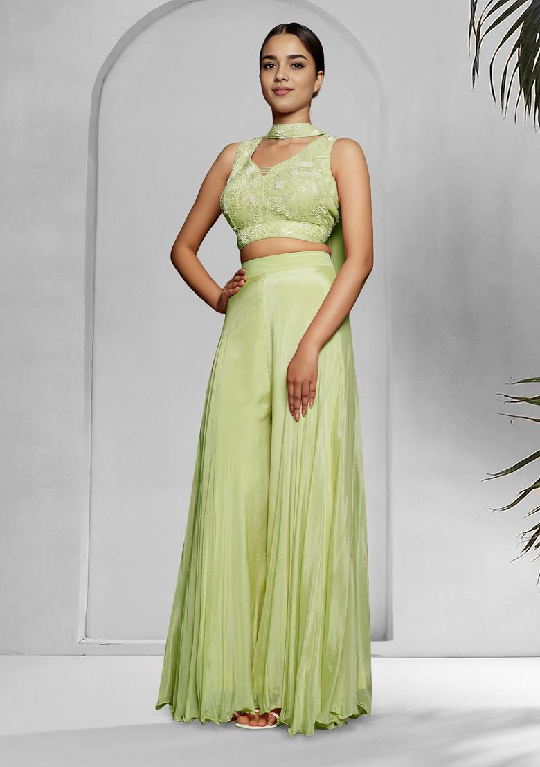 Green Palazzo Set With Hand Embroidered Blouse And Dupatta