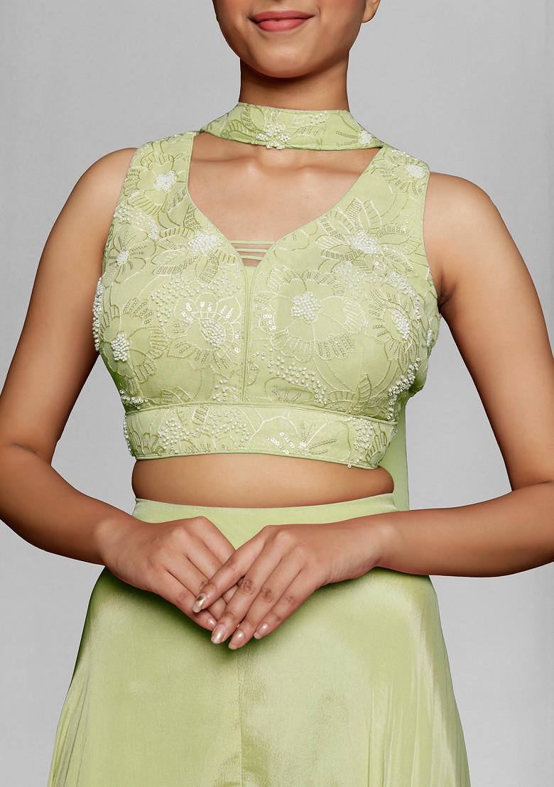 Green Palazzo Set With Hand Embroidered Blouse And Dupatta