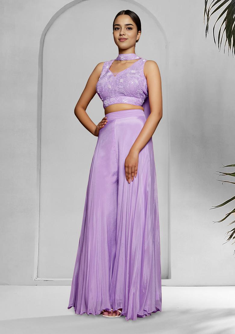 Purple Palazzo Set With Hand Embroidered Blouse And Dupatta