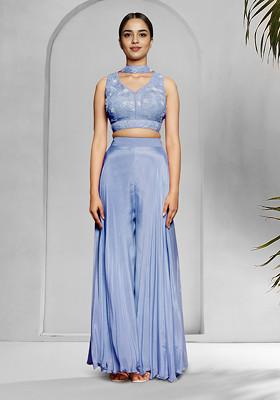 Blue Palazzo Set With Hand Embroidered Blouse And Dupatta